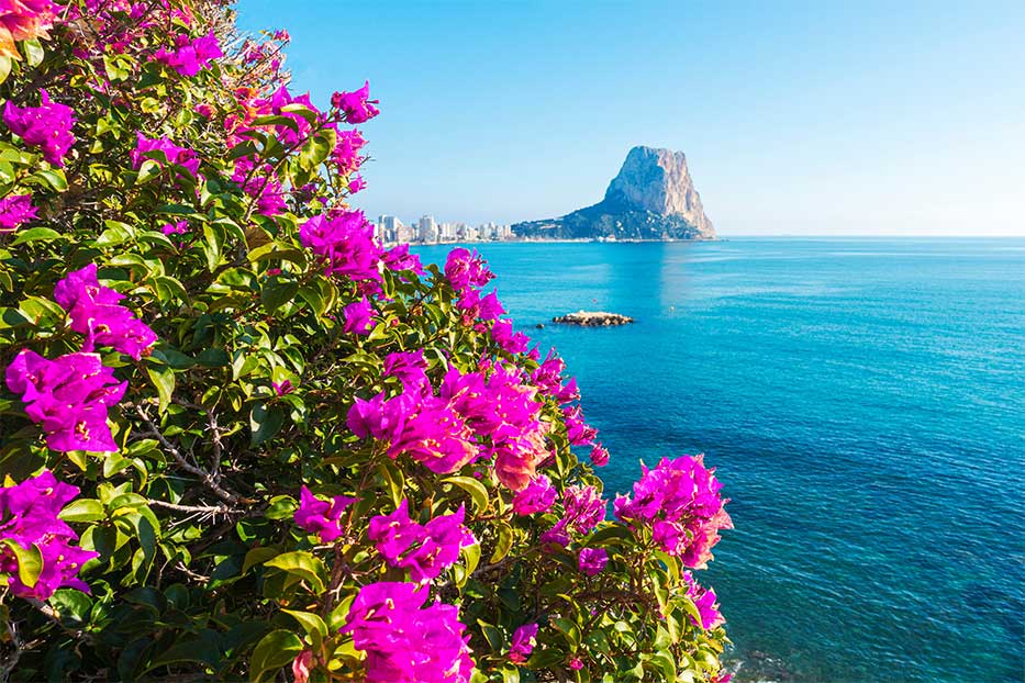 View to Mediterranean Sea, famous Rock Penon de Ifach in Calp, Valencia province, Costa Blanca, Spain