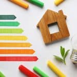 energy efficiency rating chart, house figure and light bulb on white background