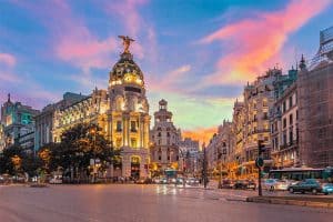 Madrid city skyline gran via street twilight , Spain