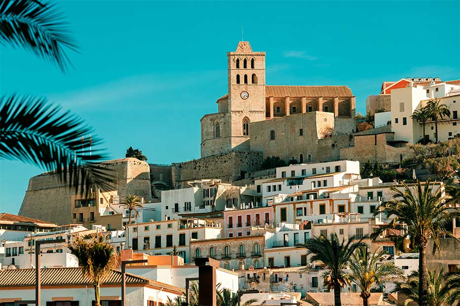 Historic Dalt Vila and Ibiza Cathedral under a clear blue sky, Ibiza