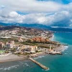 Drone perspective of costal city of Torrox situated in Malaga, Costa del Sol, Spain