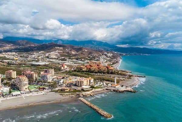 Drone perspective of costal city of Torrox situated in Malaga, Costa del Sol, Spain